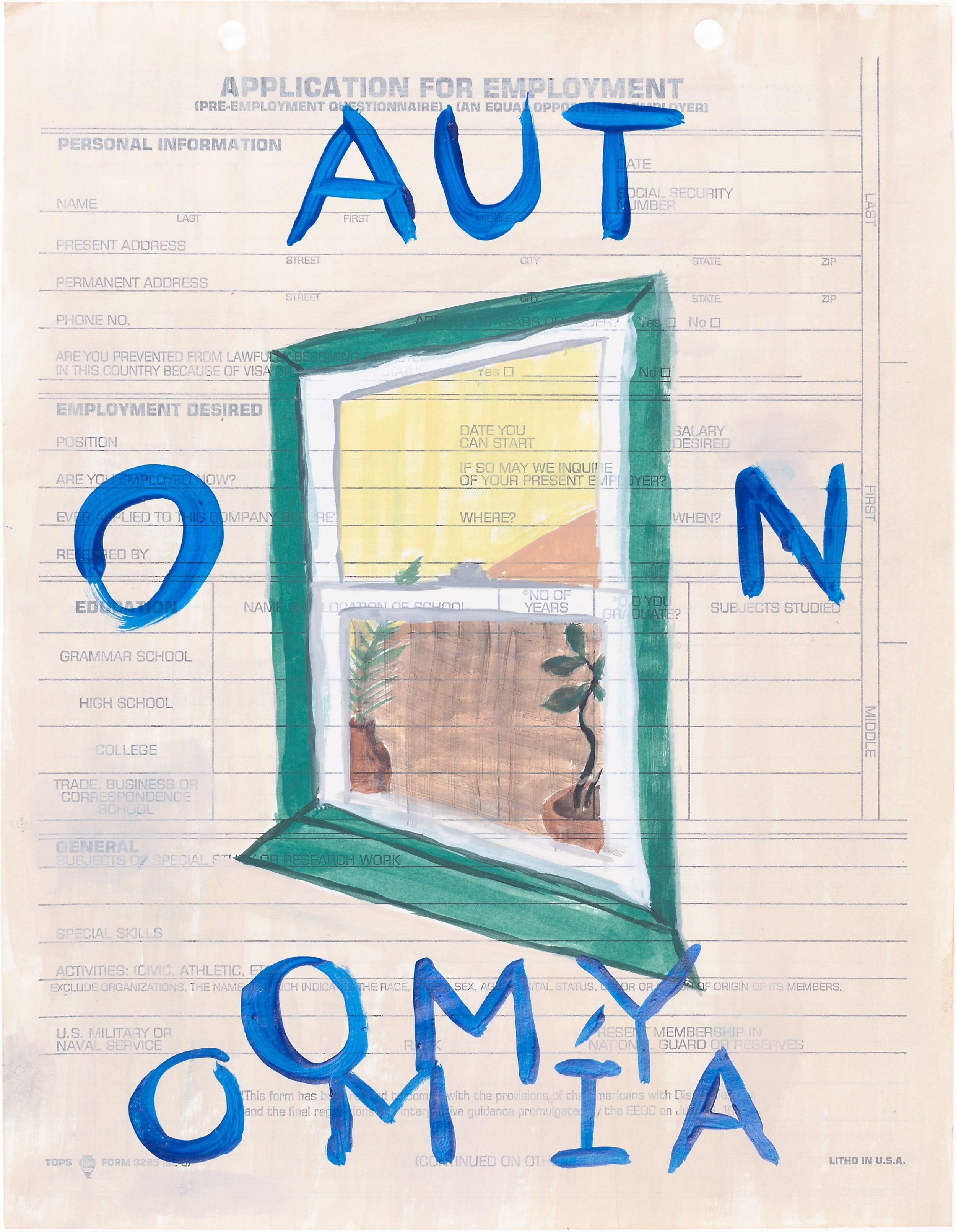Autonomía (New Era), 2018
Acrylic on found paper, 8 1/2 x 11″